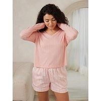 Chelsea Peers Long V Neck Pointelle Top And Short Pyjama Set - Stripe - Pink