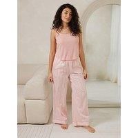 Chelsea Peers Scoop Neck Strappy Cami Top And Wide Leg Bottoms In Pointelle And Woven Cotton - Pink Stripe