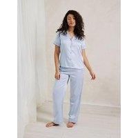 Chelsea Peers Long Button Up Pyjama Set Satin With Lace Trim - Blue