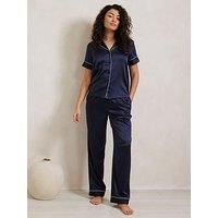 Chelsea Peers Satin Lace Trim Short Sleeve Long Pyjama Set - Navy