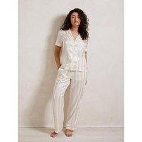 Chelsea Peers Long Button Up Set With Short Sleeves In Satin Jaquard Stripe - White