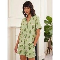 Chelsea Peers V Neck Button Up Short Pyjama Set - Detailed Cacti Print