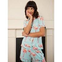 Chelsea Peers V Neck Short Sleeve Button Up Short Pyjama Set - Flamingo Print