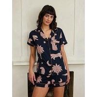 Chelsea Peers Short Sleeve Revere And Short Pyjama Set - Abstract Shapes Leopards - Navy