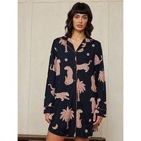 Chelsea Peers Long Sleeve Button Front Night Shirt - Abstract Shapes Leopards - Navy
