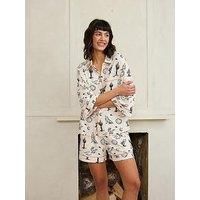 Chelsea Peers Cropped Wide Sleeve Shirt And Boxer Short Pyjama Set - Sketchy Outback Icons Print