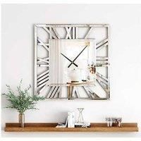 DEENZ 40X40Cm Full Mirrored Wall Clock Large Roman Numeral Silent Clock Silver Finish Modern Home Decorative Mount (Square)