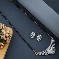 Indian Nazaria Silver Zircon Dangle Mangalsutra Black Beads Earring and Necklace