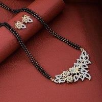 Indian Nazaria Silver Floral Zircon Mangalsutra Black Beads Earring and Necklace