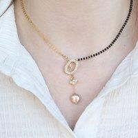 Half Black Bead Gold plated Oval Pearl Y shape Lariat Mangalsutra