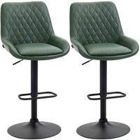 HOMCOM Retro Bar Stools Set of 2, Adjustable Kitchen Stool, Upholstered Bar Chairs with Back, Swivel Seat, Green