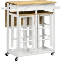 HOMCOM Kitchen Island Set with 2 Stools, Bamboo Breakfast Cart with Drop Leaf Top, Drawers and Towel Rack, Rolling Kitchen Cart and Chairs Set, White