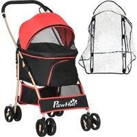 PawHut Detachable Pet Stroller with Rain Cover, 3 In 1 Cat Dog Pushchair, Foldable Carrying Bag w/ Universal Wheels, Brake, Canopy, Basket, Storage Bag for Small and Tiny Dogs - Red