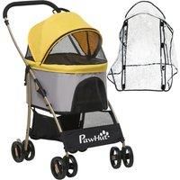 PawHut Detachable Pet Stroller with Rain Cover, 3 In 1 Cat Dog Pushchair, Foldable Carrying Bag w/ Universal Wheels, Brake, Canopy, Basket, Storage Bag for Small and Tiny Dogs - Yellow