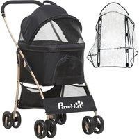 PawHut Detachable Pet Stroller with Rain Cover, 3 In 1 Cat Dog Pushchair, Foldable Carrying Bag w/ Universal Wheels, Brake, Canopy, Basket