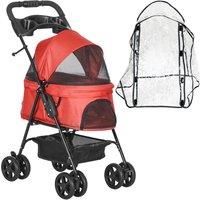 PawHut Dog Stroller with Rain Cover, Dog Pushchair One-Click Fold Trolley with EVA Wheels Brake Basket Adjustable Canopy Safety Leash
