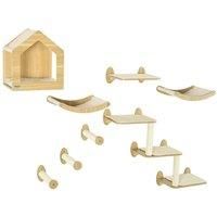 PawHut 8PCs Cat Shelves Set, Cat Wall Furniture with Condo, 3 Perches, 3 Scratching Posts, Steps, Wall Mounted Cat Tree for Indoor Cats, Beige
