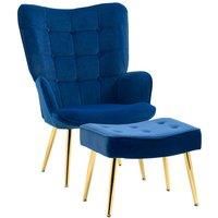 HOMCOM Upholstered Armchair w/ Footstool Set, Modern Button Tufted Accent Chair w/ Gold Tone Steel Legs, Wingback Chair, Dark Blue