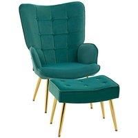 HOMCOM Upholstered Armchair with Footstool Set, Modern Button Tufted Accent Chair with Gold Tone Steel Legs, Wingback Chair for Living Room, Bedroom, Home Study, Dark Green