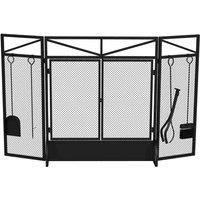 HOMCOM 3 Panel Folding Fire Guard Screen with Fireplace Tool Sets and Front Doors, Freestanding Fire Screen Spark Guard with Feet for Open Fire, Log Burner, Fireplace, 122 x77 cm, Black