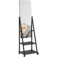 HOMCOM Free Standing Dressing Mirror, Rolling Full Length Mirror on Wheels with Adjustable Angle, Storage Shelves for Bedroom