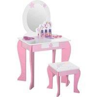 HOMCOM Girls Dressing Table w/ Mirror & Stool, Kids Dressing Table, Unicorn Pretend Play Toy for Toddles Age 3-6 Years, Acrylic Mirror, Pink & White