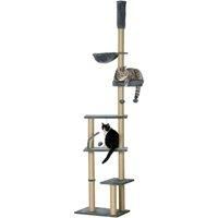 PawHut Floor to Ceiling Cat Tree, 6-Tier Play Tower Climbing Activity Center w/ Scratching Post, Hammock, Adjustable Height 230-250cm, Grey