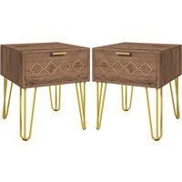 HOMCOM Bedside Table Set of 2 with Drawer, Wooden Nightstand, Modern Sofa Side Table with Gold Tone Metal Legs for Bedroom