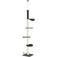 PawHut Floor To Ceiling Cat Tree, 5-Tier Height Adjustable Cat Climbing Tower with Scratching Post, Hammock, Bed for Indoor Cats, 240-270cm, Black