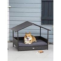PawHut Rattan Dog House, Elevated Wicker Pet Bed Lounge with Removable Cushion and Canopy, for Small and Medium Dogs, 98 x 69 x 73cm - Grey