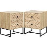 HOMCOM Bedside Table Nightstand Two-Drawer Bedroom Storage Unit Zig Zag Design with Black Metal Handles, Set of 2, Natural