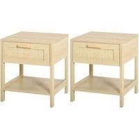 HOMCOM Bedside Nightstand Set of 2, with Rattan Drawer and Storage Shelf, for Bedroom, Living Room