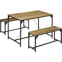 HOMCOM Dining Table and Bench Set for 4, Kitchen Table with 2 Benches, Space Saving Dining Room Sets, Natural