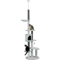 PawHut 255cm Floor to Ceiling Cat Tree with Scratching Posts, Height Adjustable Cat Tower with Hammock, House, Anti-tipping Kit, Perches, Toys, Grey