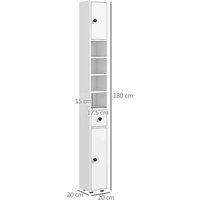 Kleankin 180cm Tall Slim Bathroom Cabinet, Narrow Toilet Roll Storage w/ Open Shelves, 2 Door Cabinets, Adjustable Shelves, for Kitchen, White
