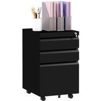 Vinsetto 3-Drawer Mobile Filing Cabinet on Wheels w/ Pencil Tray, Steel Lockable File Cabinet w/ Adjustable Hanging Bar for A4, Legal Size, Black