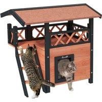 PawHut Cat House Outdoor w/ Balcony Stairs Roof, 77 x 50 x 73 cm, Brown