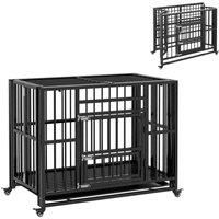 PawHut 37" Heavy Duty Dog Crate, Foldable Dog Cage on Wheels with Double Locks, Removable Tray, Openable Top, Double Doors, Indoor Outdoor Use, for Small and Medium Dogs - Black