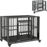 PawHut 43" Heavy Duty Dog Crate, Foldable Dog Cage, with Openable Top, Locks, Removable Tray, Wheels - Black