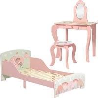 ZONEKIZ Toddler Bed Frame, Kids Dressing Table with Mirror and Stool, Cute Animal Design Kids Bedroom Furniture Set for Ages 3-6 Years, Pink