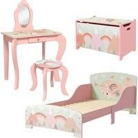 ZONEKIZ Kids Bedroom Furniture Set Includes Bed Frame, Toy Chest, Dressing Table for Ages 3-6 Years, Pink
