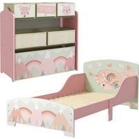 ZONEKIZ Toddler Bed Frame, Kids Storage Shelf Unit with 6 Fabric Bins for Ages 3-6 Years, Pink