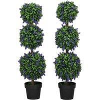 Homcom Set Of 2 Potted Artificial Plants Ball Tree With Lavender Flowers 110Cm