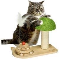 PawHut 26cm Cat Scratching Post, Mushroom-Shaped Cat Post with Toy Balls, Feather, Sisal Scratch Post for Indoor Cats - Natural tone and green