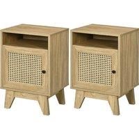 HOMCOM Bedside Table with Rattan Element, Side End Table with Shelf and Cupboard, 39cmx35cmx60cm, Natural