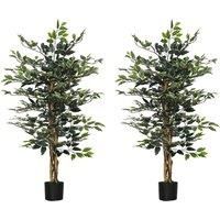 HOMCOM Artificial Ficus Tree in Pot, 130cm Tall Fake Plant with Lifelike Leaves and Natural Trunks, for Indoor Outdoor, Set of 2, Green