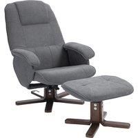 HOMCOM Linen Swivel Recliner Chair with Footstool, Upholstered Reclining Armchair with Wooden Base for Living Room, Grey