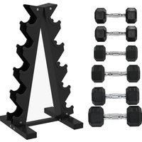 SPORTNOW 5-Tier Dumbbell Rack with 6 Hexagonal Rubber Dumbbells (2x4kg, 2x5kg, 2x6kg), Dumbbell Storage Stand Holder with Weights Sets for Home Gym Fitness, Black