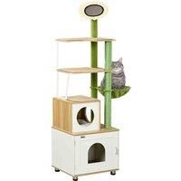 PawHut Cat Tree with Cat Litter Box for Indoor Cats, Cat Enclosure with Scratching Post, Cat House, Hammock, Platforms, Removable Cushions - Oak Tone