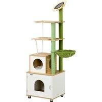 PawHut Cat Tree with Cat Litter Box for Indoor Cats, Cat Enclosure with Scratching Post, Cat Condo, Hammock, Platforms, Removable Cushions, Oak